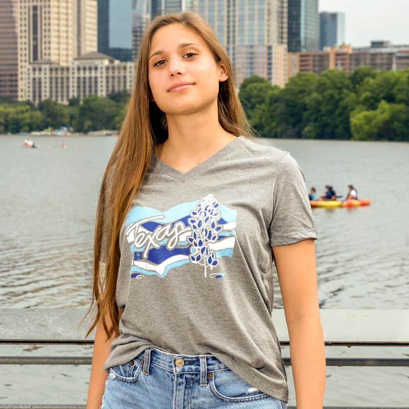 Texas Bluebonnets Women's Relaxed V-Neck t-shirt, grey with blue and white Bluebonnet design