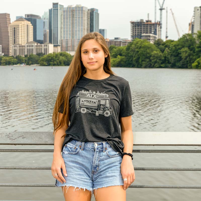 ATX Food Truck Women's Relaxed, charcoal black T-shirt with Austin, Texas Food Truck design
