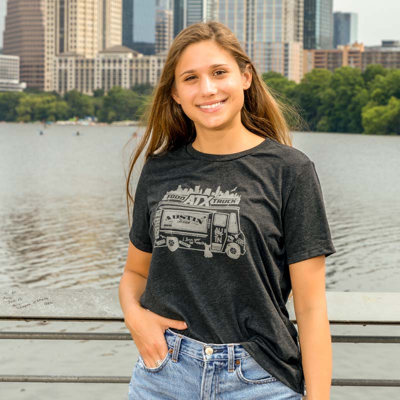 ATX Food Truck Women's Relaxed, charcoal black T-shirt with Austin, Texas Food Truck design