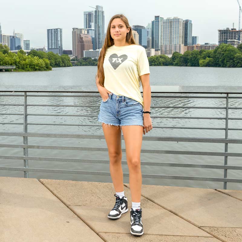 Texas Heart Women's Relaxed Pale Yellow T-shirt with Grey heart with TX