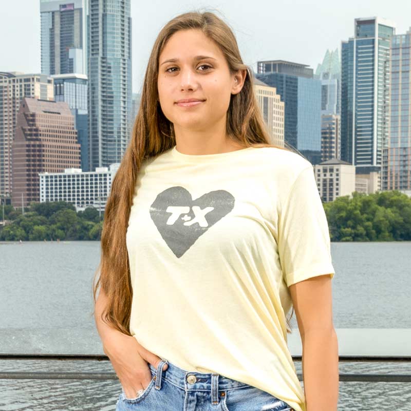 Texas Heart Women's Relaxed Pale Yellow T-shirt with Grey heart with TX