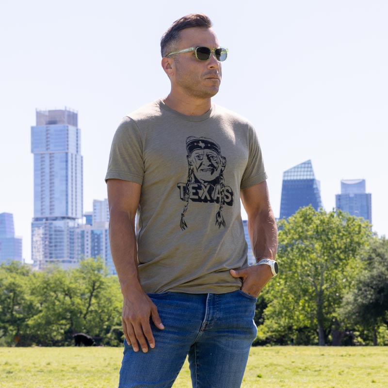 Willie Nelson t-shirt, Texas t-shirt, Willie Nelson Texas tee, Texas tee, Bella+Canvas 3413 Olive tee