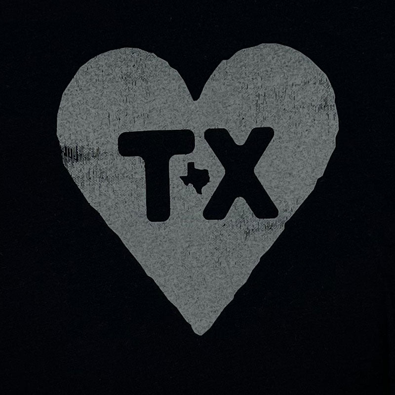 Texas Heart Youth T-shirt, black tee with charcoal grey ink, heart Texas