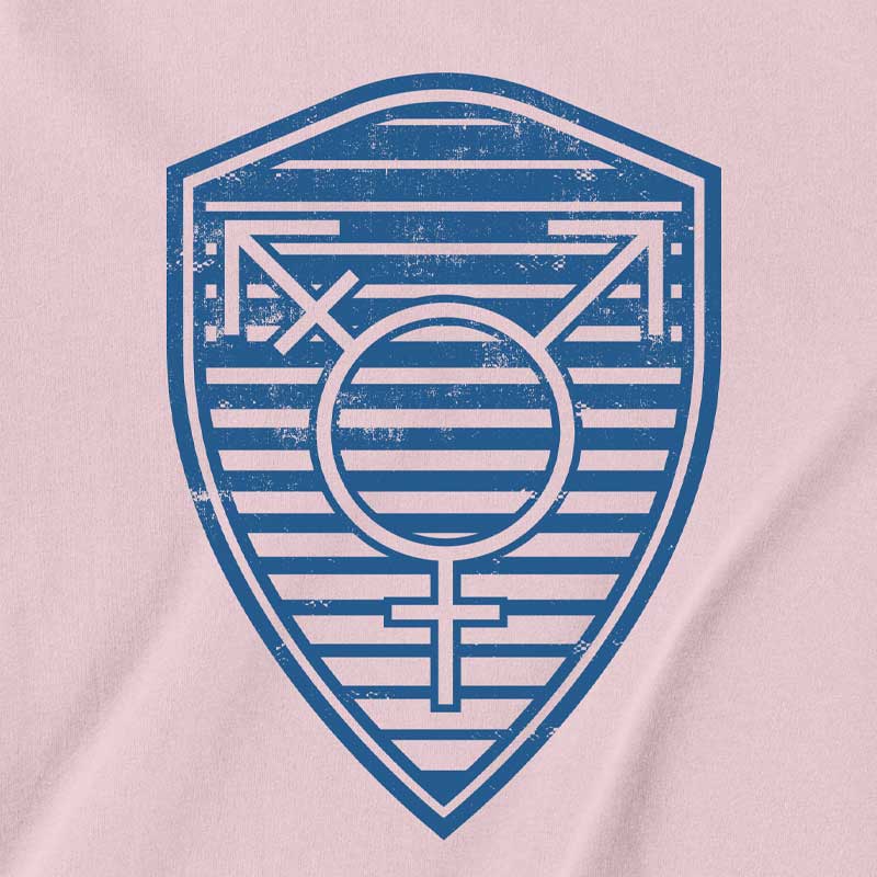 Trans Shield t-shirt with bold shield design in transgender flag colors – pride and protection graphic tee