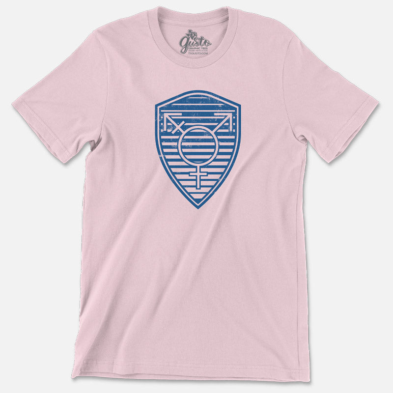 Trans Shield t-shirt with bold shield design in transgender flag colors – pride and protection graphic tee