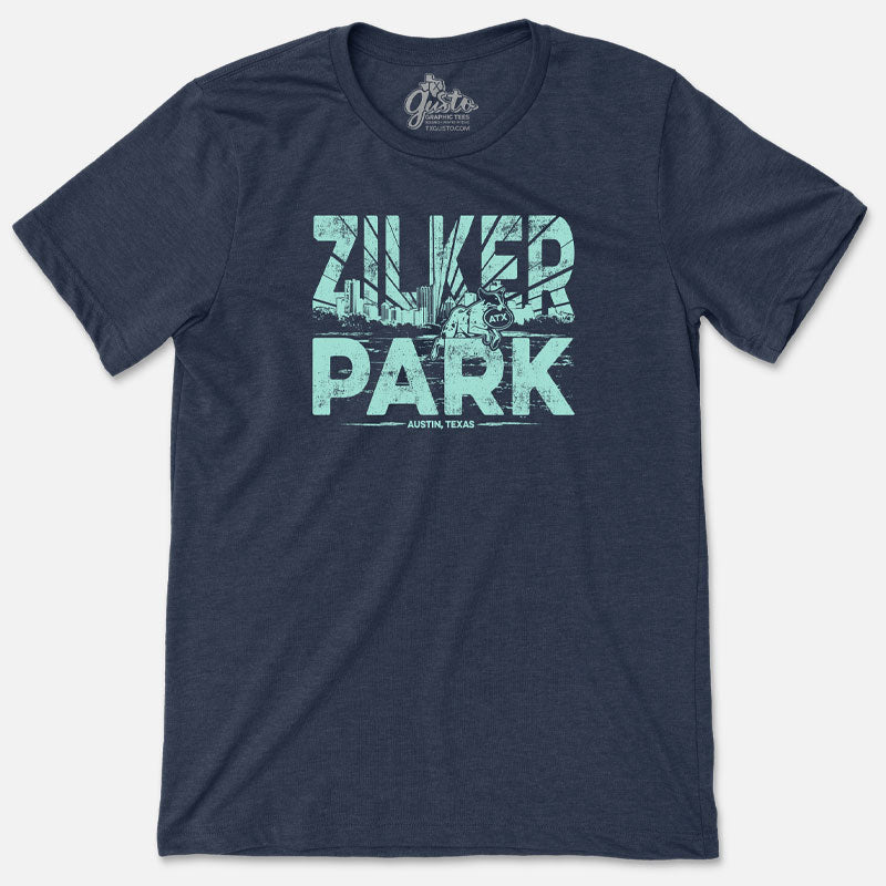 T-shirt with graphic inspired by Zilker Park in Austin, featuring nature and skyline elements
