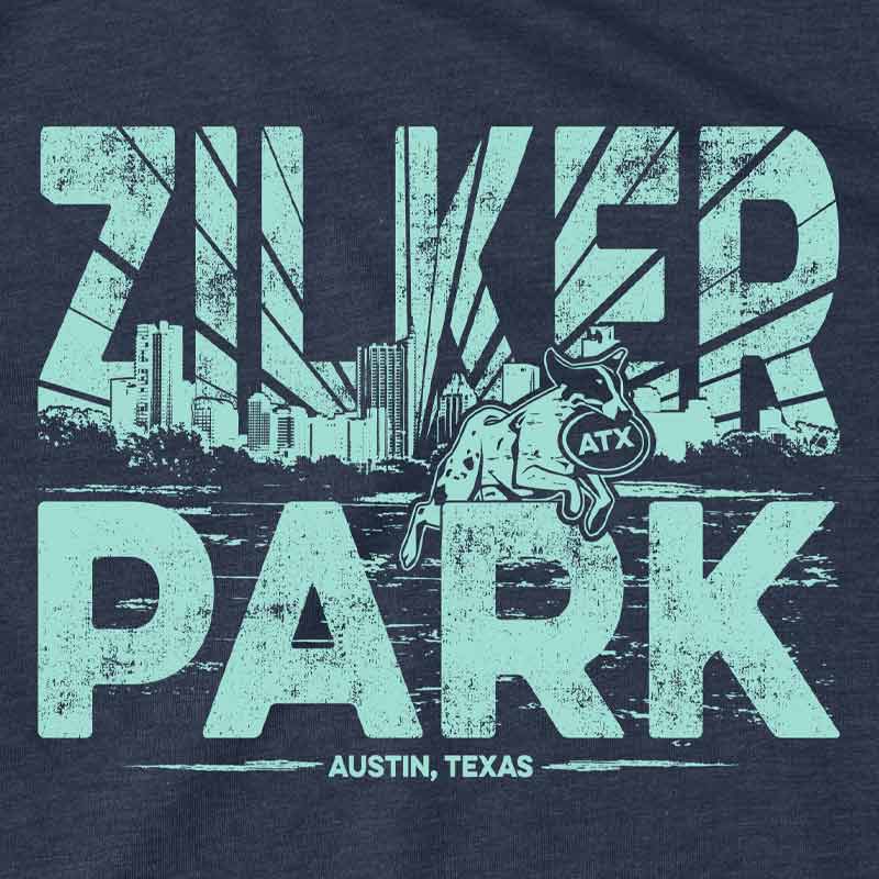 Close-up of Zilker Park illustration on soft cotton fabric, showing Austin skyline and park details