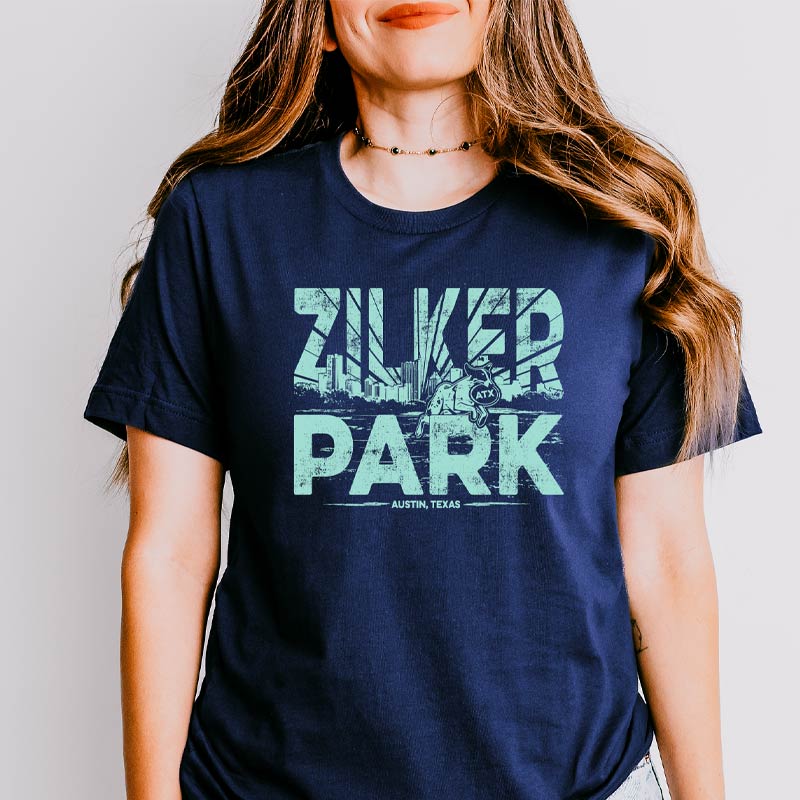 Model wearing Zilker Park T-shirt, celebrating Austin’s iconic outdoor space