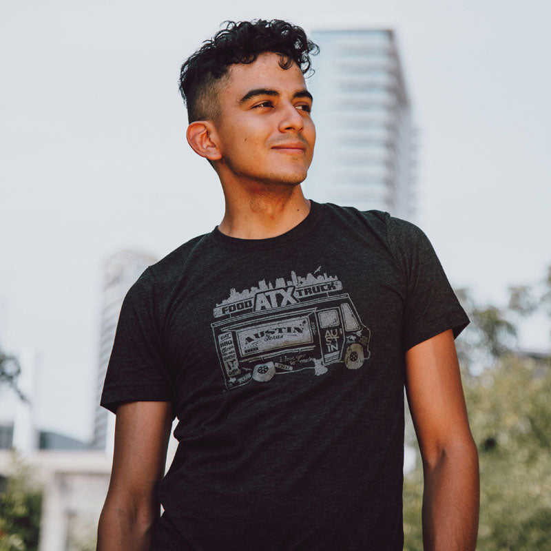Model wearing ATX Food Truck t-shirt, celebrating Austin’s street food scene