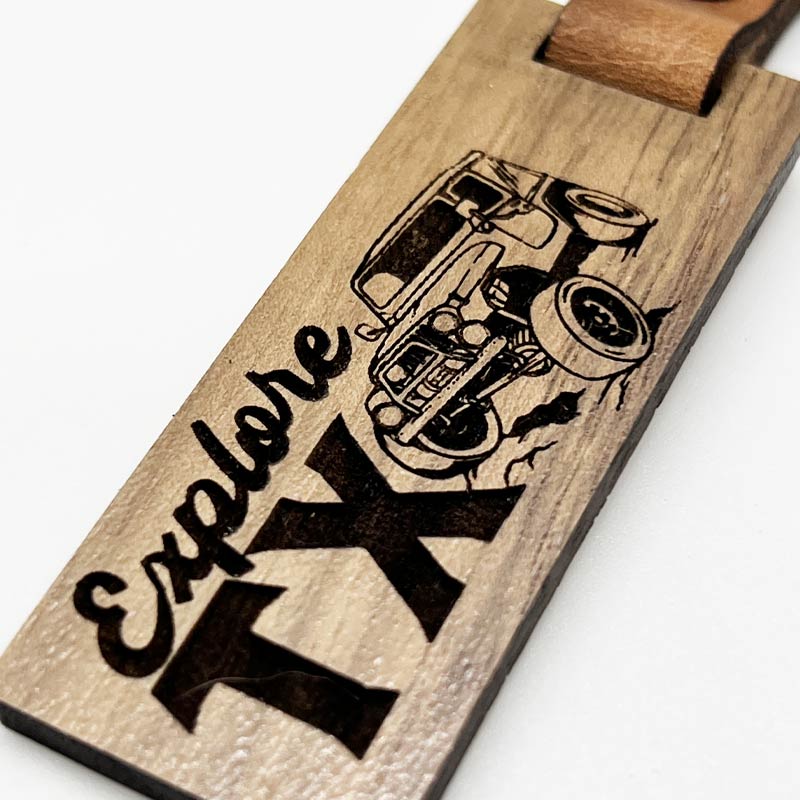 Explore Texas Walnut/Leather keychain, Glowforge handmade keychain