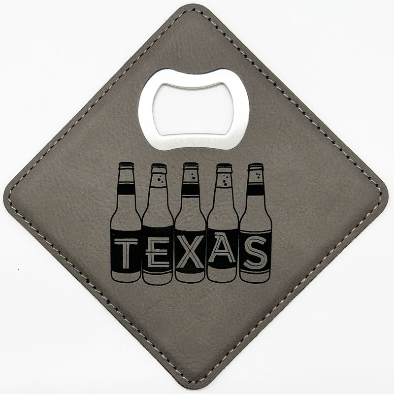 Texas Beer Bottles Gray Leatherette Coaster with Bottle Opener