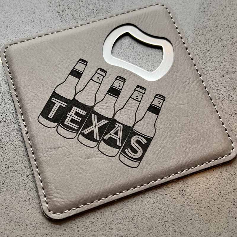 Texas Beer Bottles Gray Leatherette Coaster with Bottle Opener