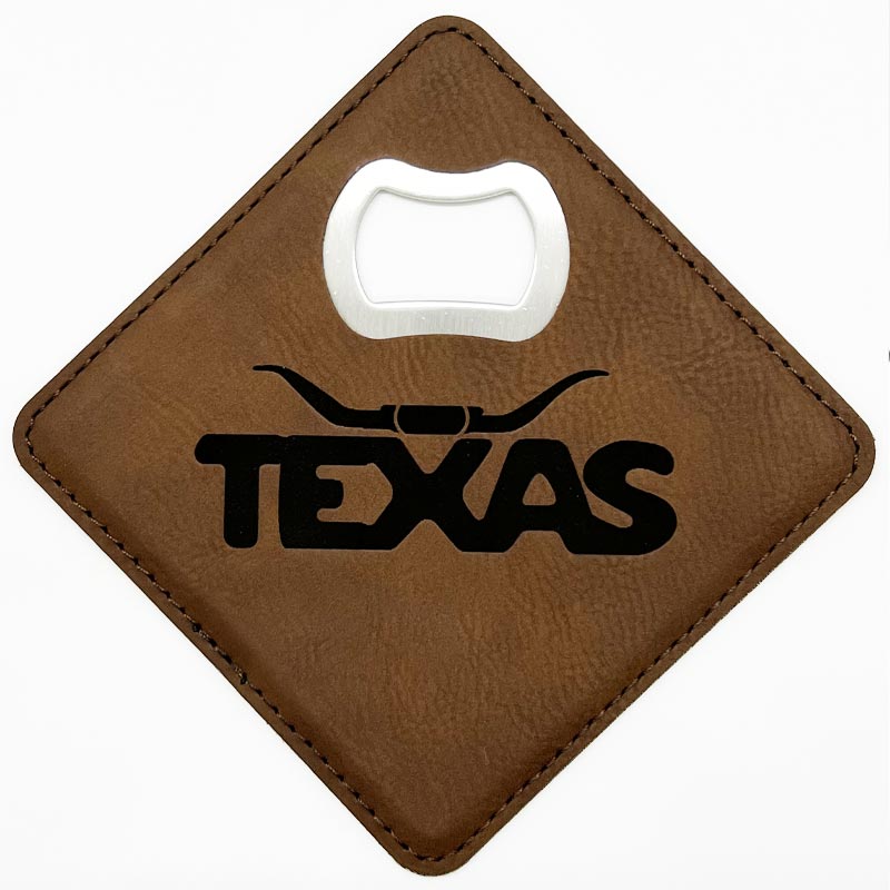 Texas Longhorn Dark Brown Leatherette Coaster with Bottle Opener