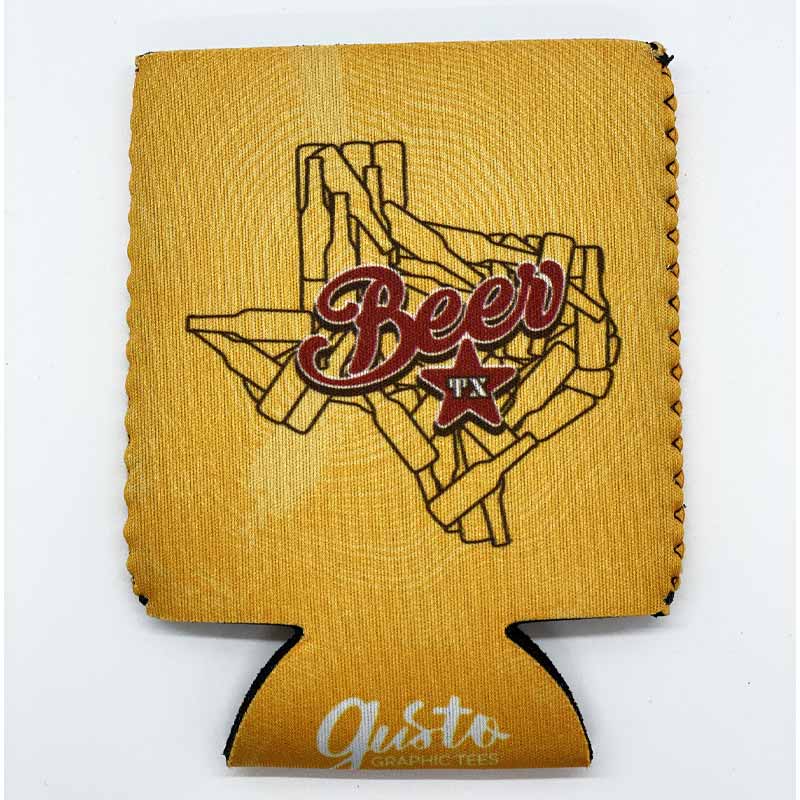 Texas Beer Can Cooler, Neoprene Can Cooler, Texas Beer Design designed by Gusto Graphic Tees