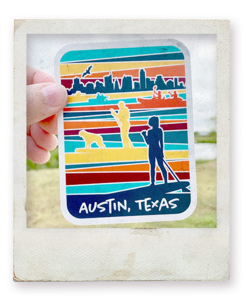 Vinyl Sticker Collection from Gusto Graphic Tees, includes Austin-themed and Texas-themed stickers