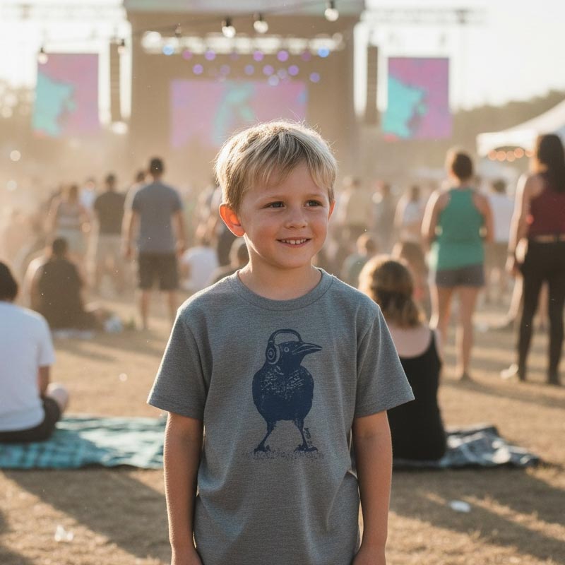Young boy in a gray t-shirt with a bird graphic at a festival.