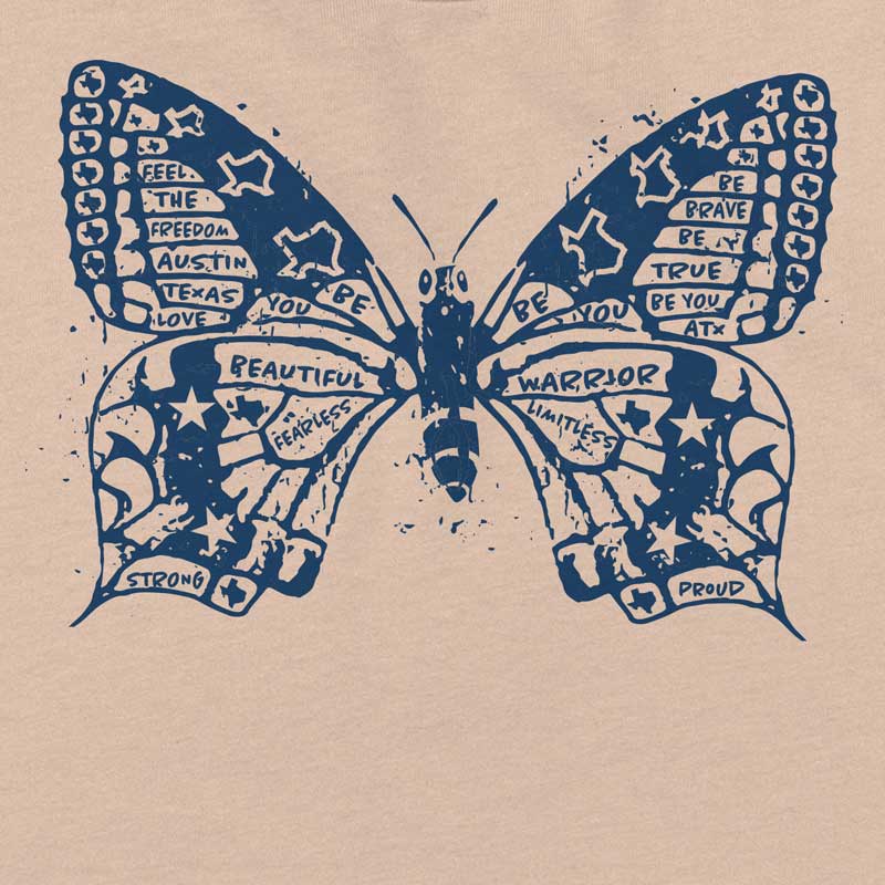 Close up of our Butterfly ATX youth t-shirt with vibrant butterfly graphic – fun and whimsical Austin-themed tee for kids