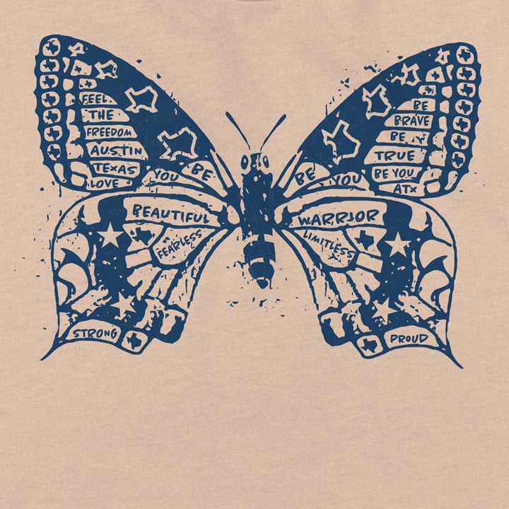 Close up of our Butterfly ATX youth t-shirt with vibrant butterfly graphic – fun and whimsical Austin-themed tee for kids