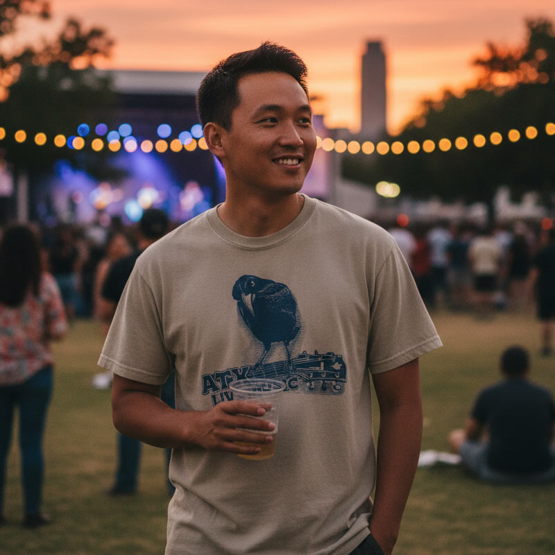 Man at a concert holding a drink with a crowd and lights in the background