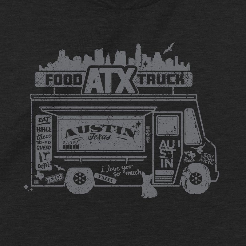 Close up of our ATX Food Truck youth t-shirt with fun food truck graphic – playful Austin street food tee for kids