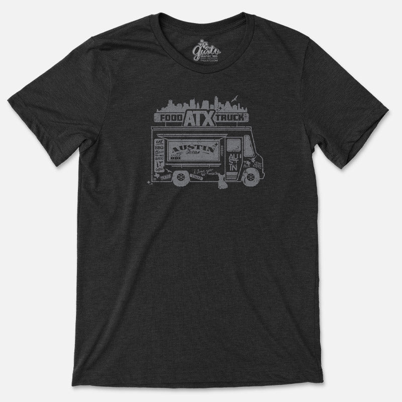 ATX Food Truck t-shirt with illustrated design of food trucks and street food elements