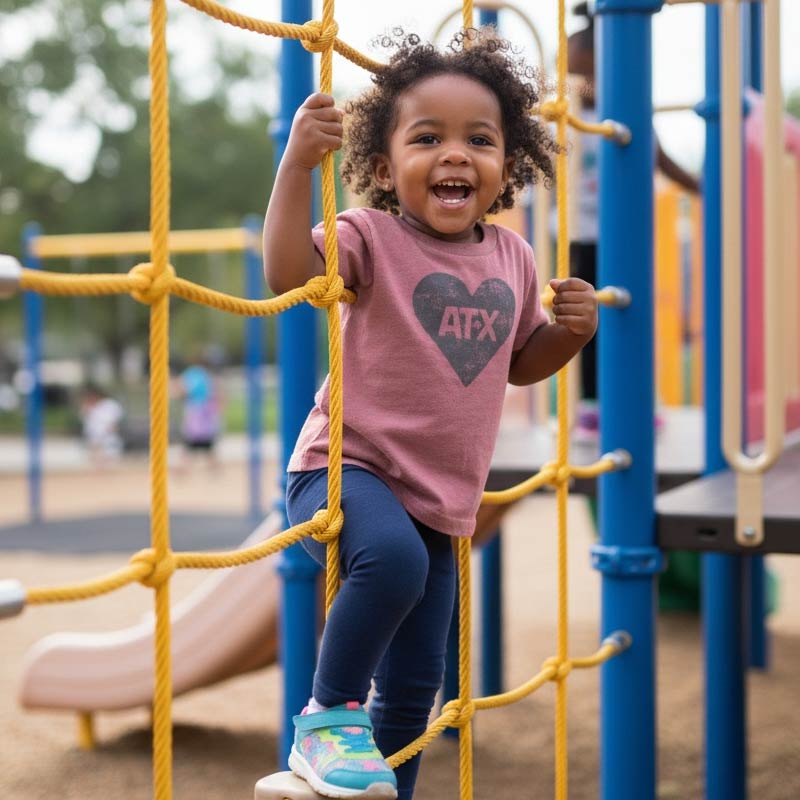 Child on a playground climbing frame wearing a pink shirt with a heart design.