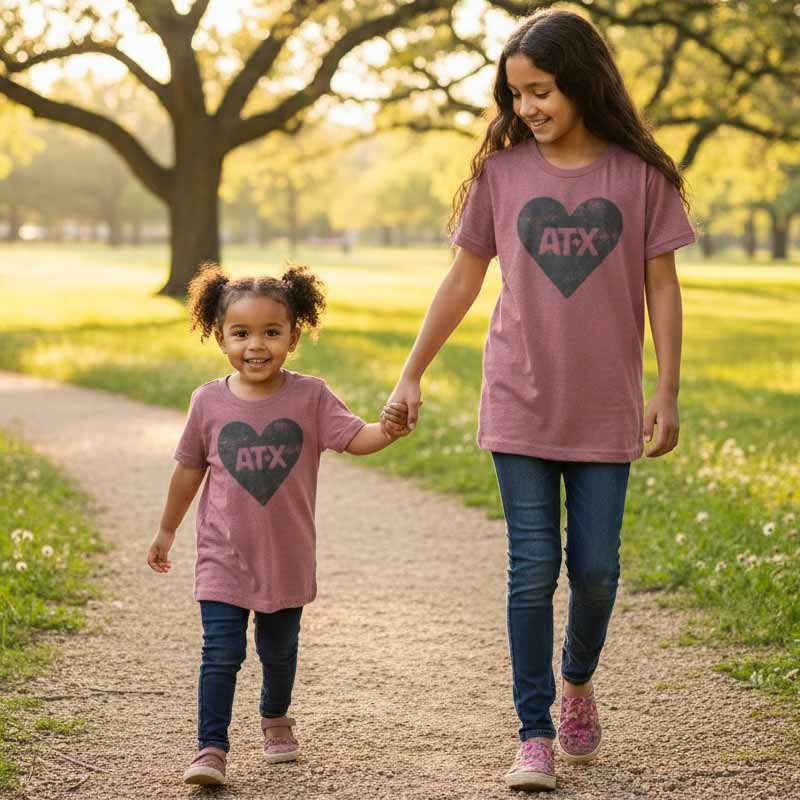 Two young girls walking hand-in-hand on a path in a park, wearing matching pink t-shirts with 'ATX' heart designs.
