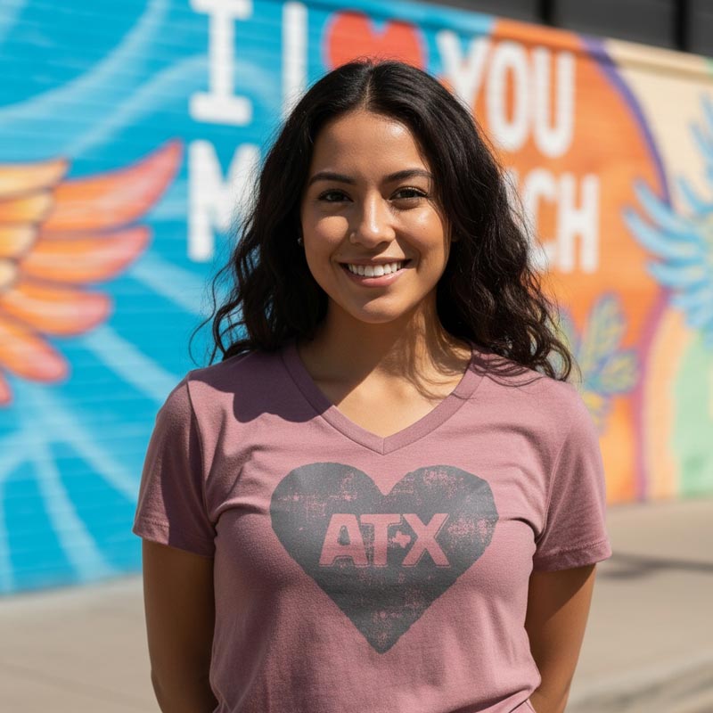 Woman wearing a pink t-shirt with a heart and 'ATX' design, standing in front of a colorful mural.