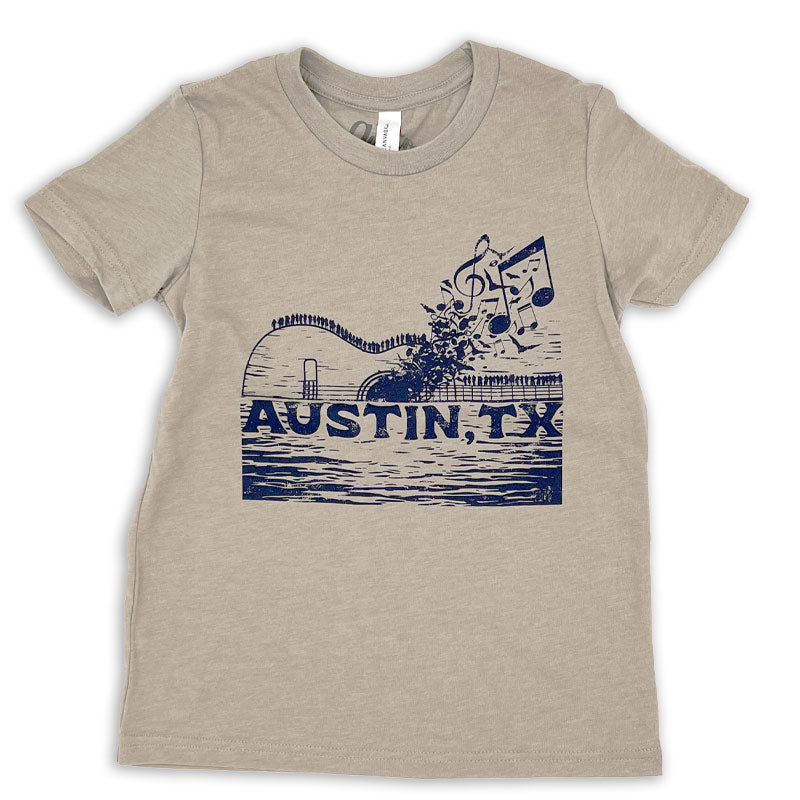 ATX Music Bridge Youth T-shirt, Bats and Music Notes coming out of a guitar shaped bridge in Austin, Texas