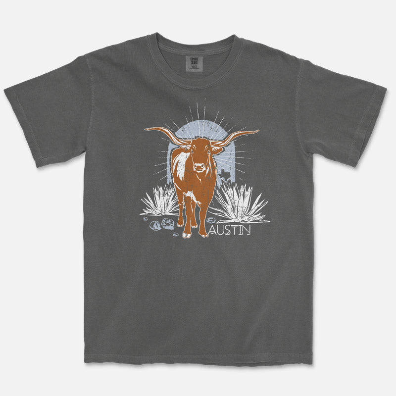 Comfort Colors t-shirt featuring bold steer head graphic with “ATX” lettering