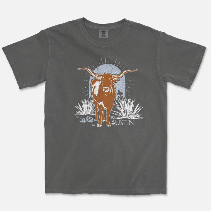 Comfort Colors t-shirt featuring bold steer head graphic with “ATX” lettering