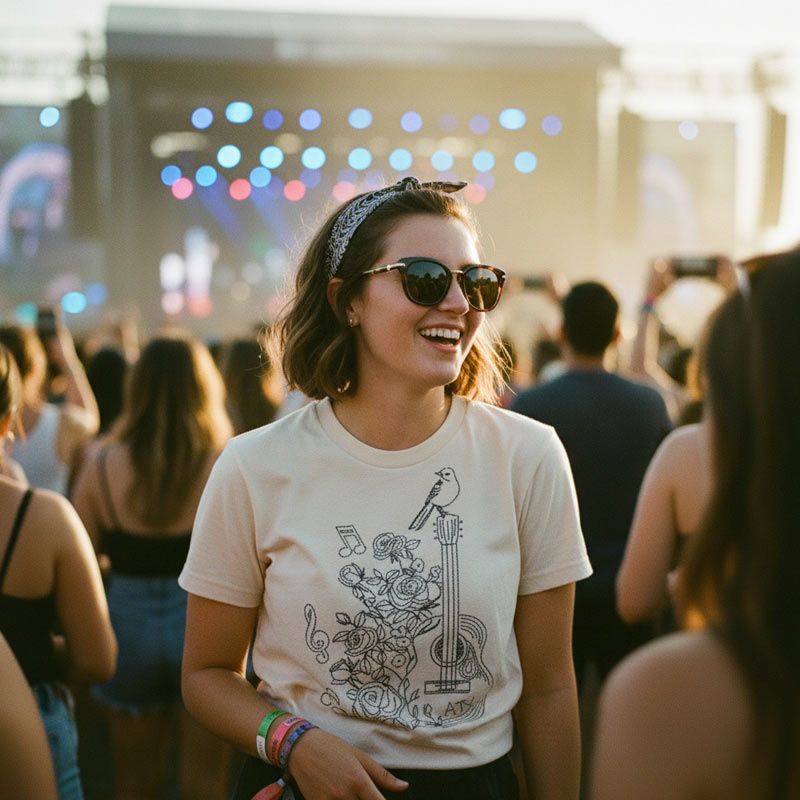 Woman at a concert with colorful lights in the background