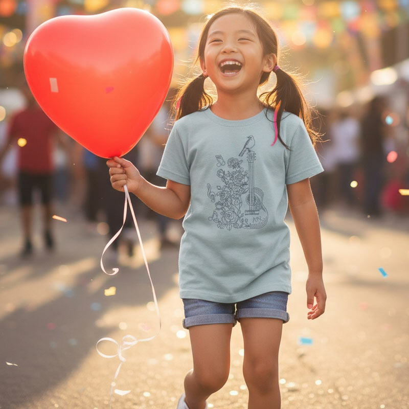 Young girl holding a red heart balloon in a festive outdoor setting