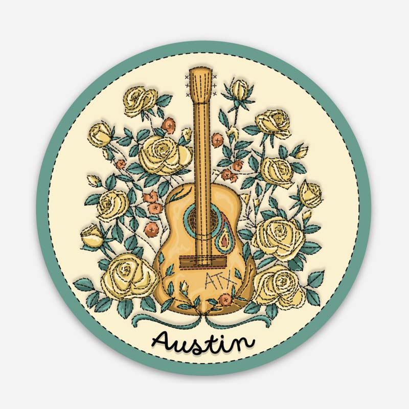 Circular coaster with an illustration of a guitar surrounded by yellow roses and the word 'Austin' on a beige background.