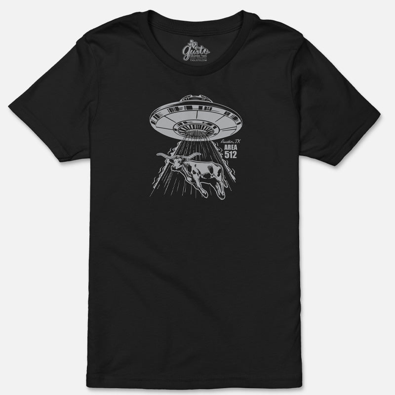 Black t-shirt with a graphic of a UFO abducting a texas longhorn, inspired by Area 512, on a white background.