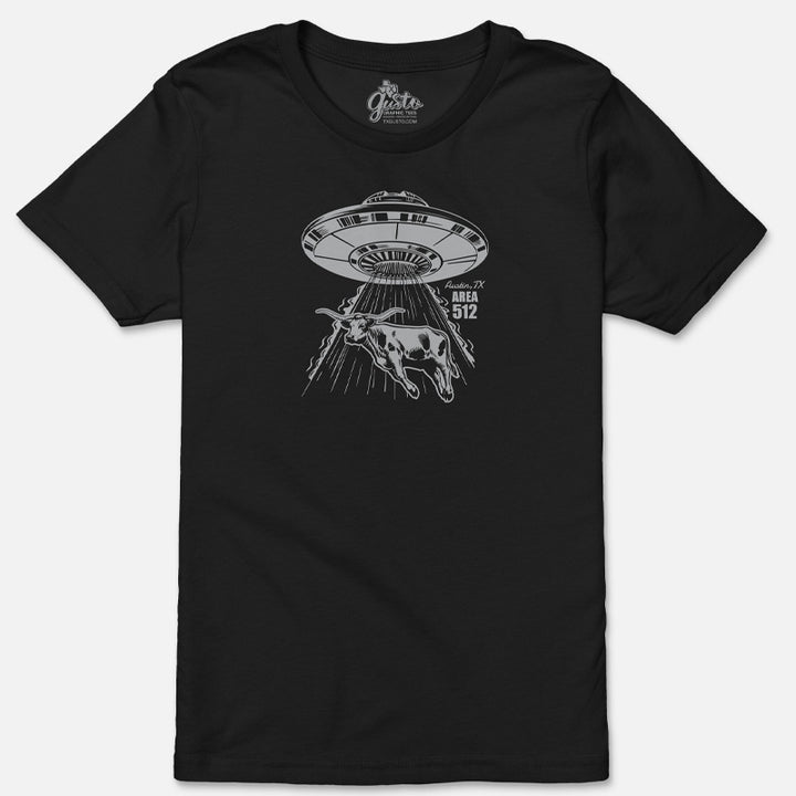 Black t-shirt with a graphic of a UFO abducting a texas longhorn, inspired by Area 512, on a white background.