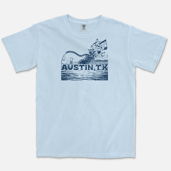 Austin Music Bridge graphic printed on a Comfort Colors 1717 t-shirt featuring the South Congress Bridge and Austin bats.