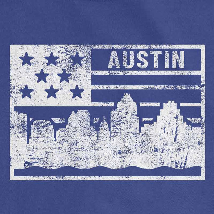 Close-up of flag-style ATX design printed on soft, garment-dyed cotton fabric