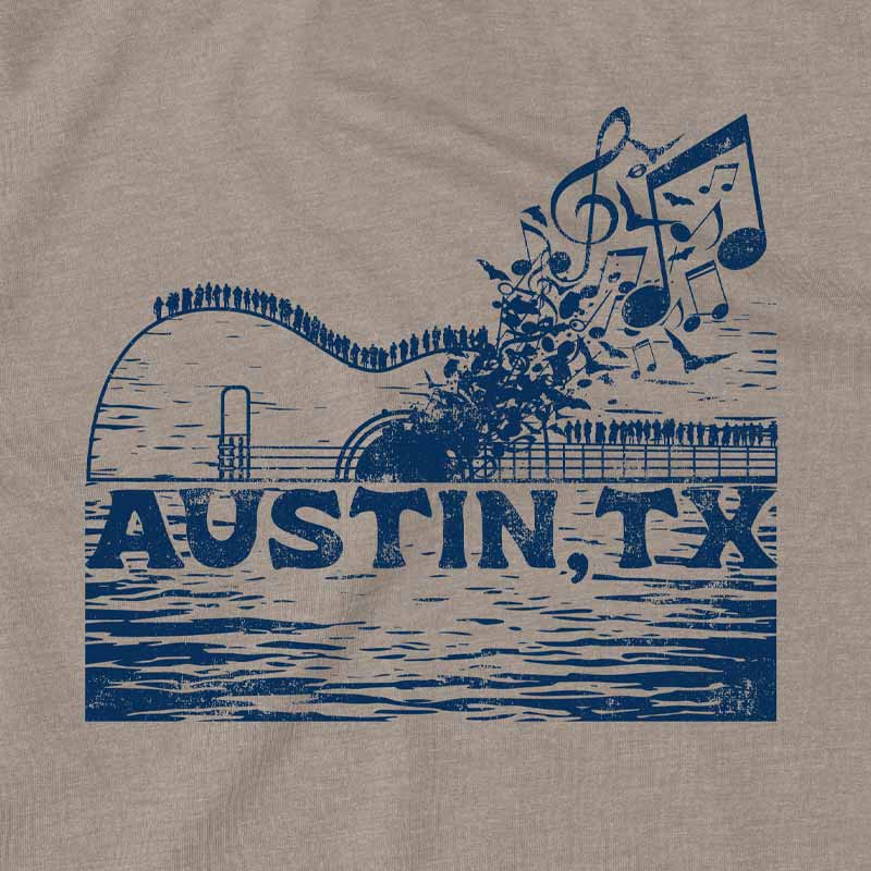 ATX Music Bridge T-shirt, Bats and Music Notes coming out of a guitar shaped bridge in Austin, Texas