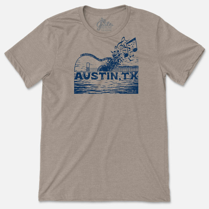 T-shirt featuring Austin bridge silhouette with musical notes and ATX design