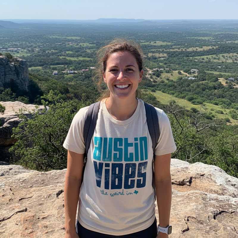 Person wearing a 'Austin vibes' t-shirt with a scenic background