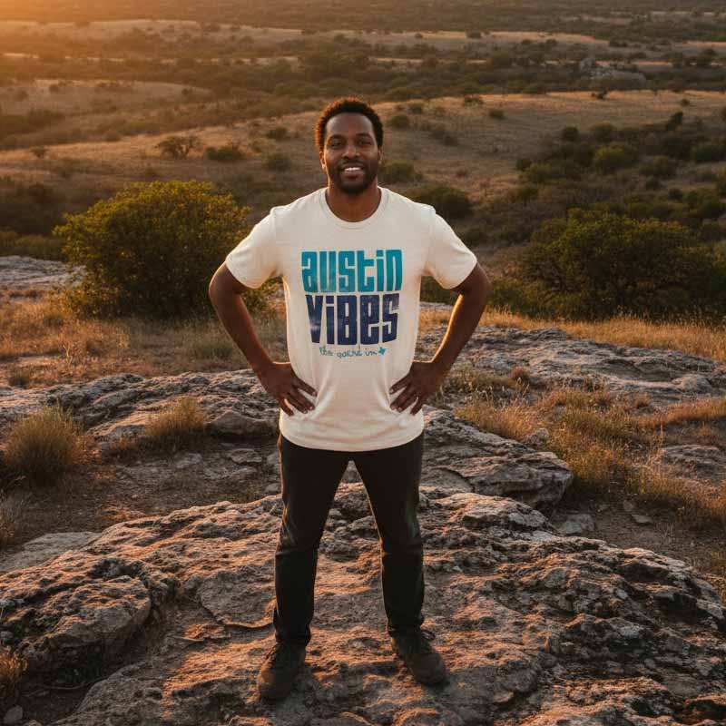 Man wearing a 'Austin Vibes' t-shirt standing on a rocky landscape with a scenic background.