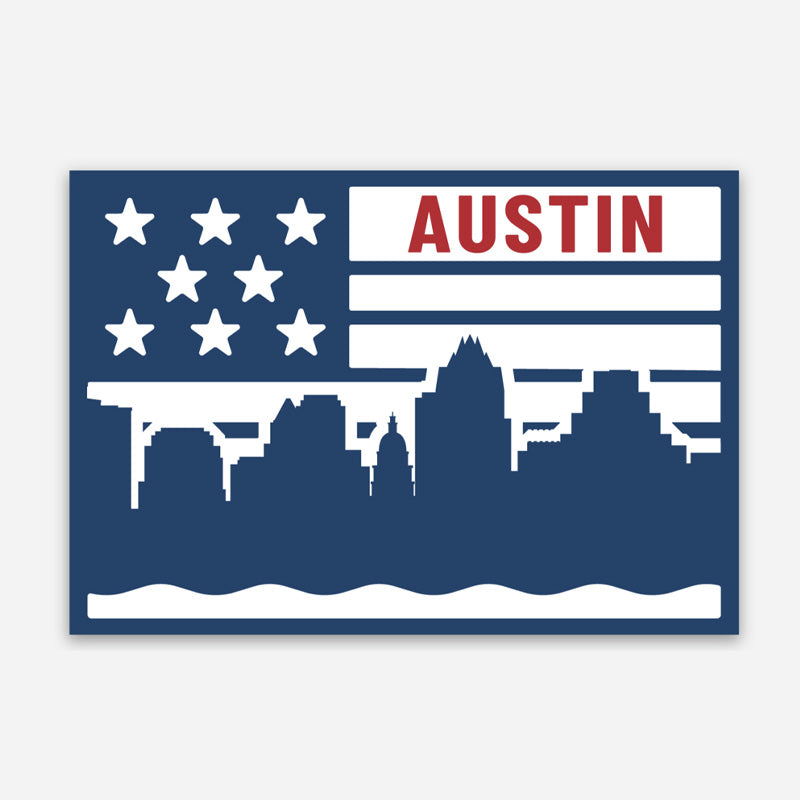 American flag with 'Austin' text and city skyline silhouette on a blue background