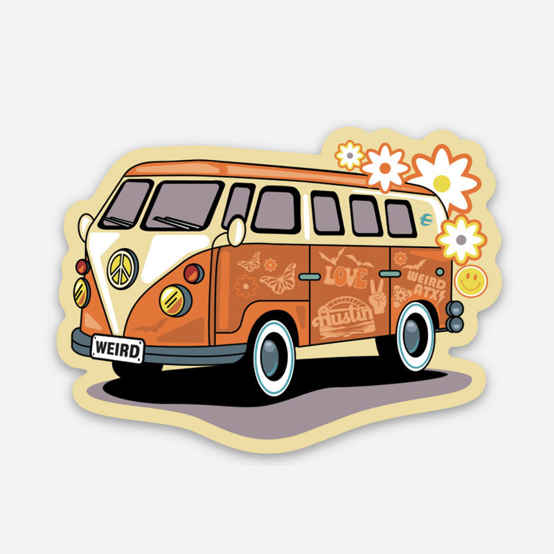 Sticker of a vintage van with floral designs and text on a light gray background