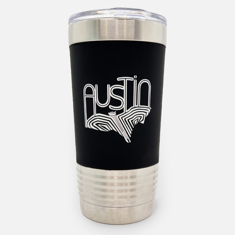 Austin Texas Bat Edge Line Design, Polar Camel 20 oz. Black/White Tumbler with Silicone Grip and Clear Lid
