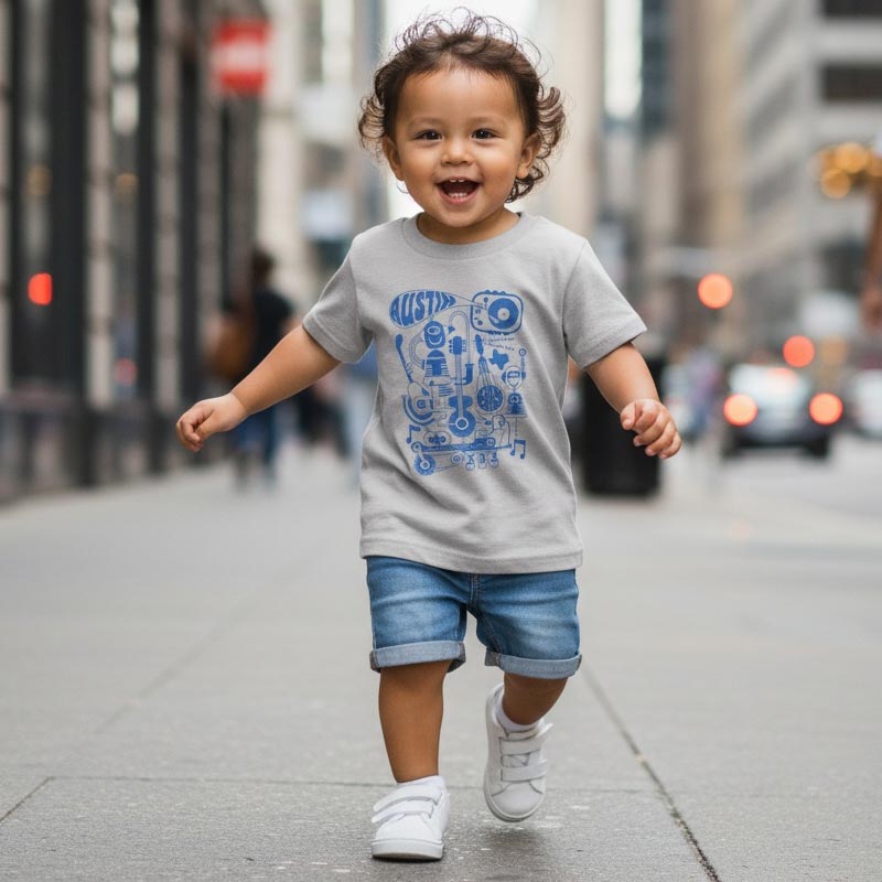 Child wearing a gray t-shirt with blue graphics and text, walking on a city street.