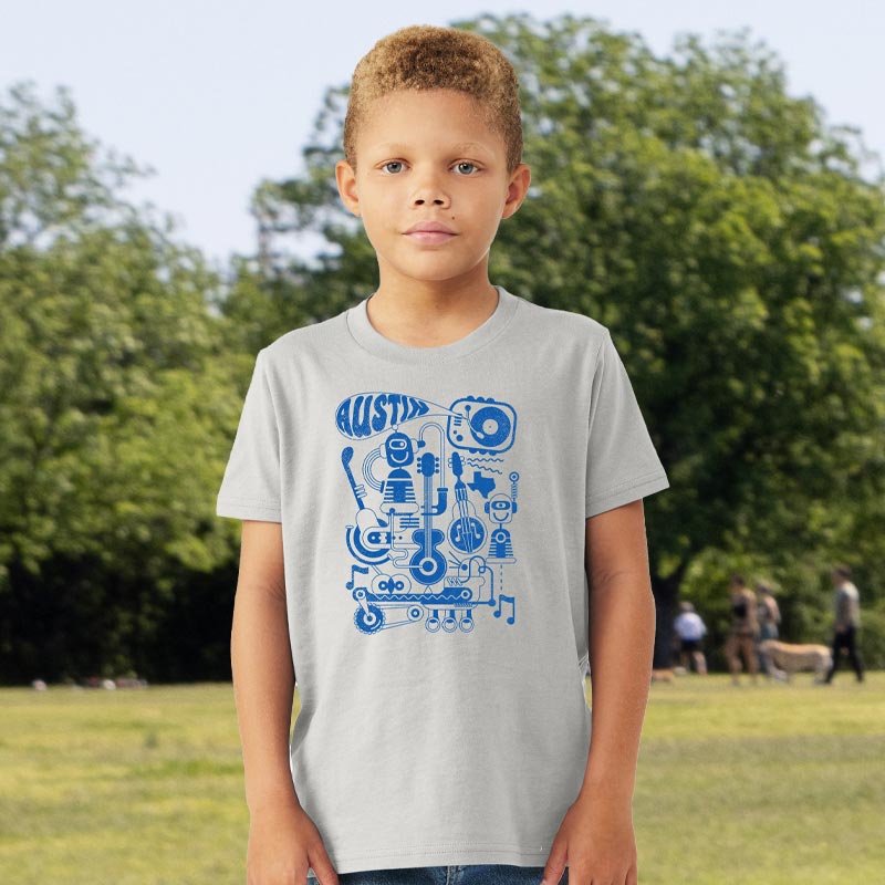 Model wearing our Beat Bot youth t-shirt with colorful robot graphic – fun music and dance-themed tee for kids
