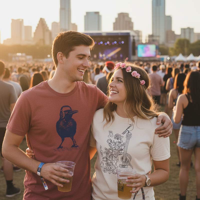Two people at a music festival with city skyline in the background