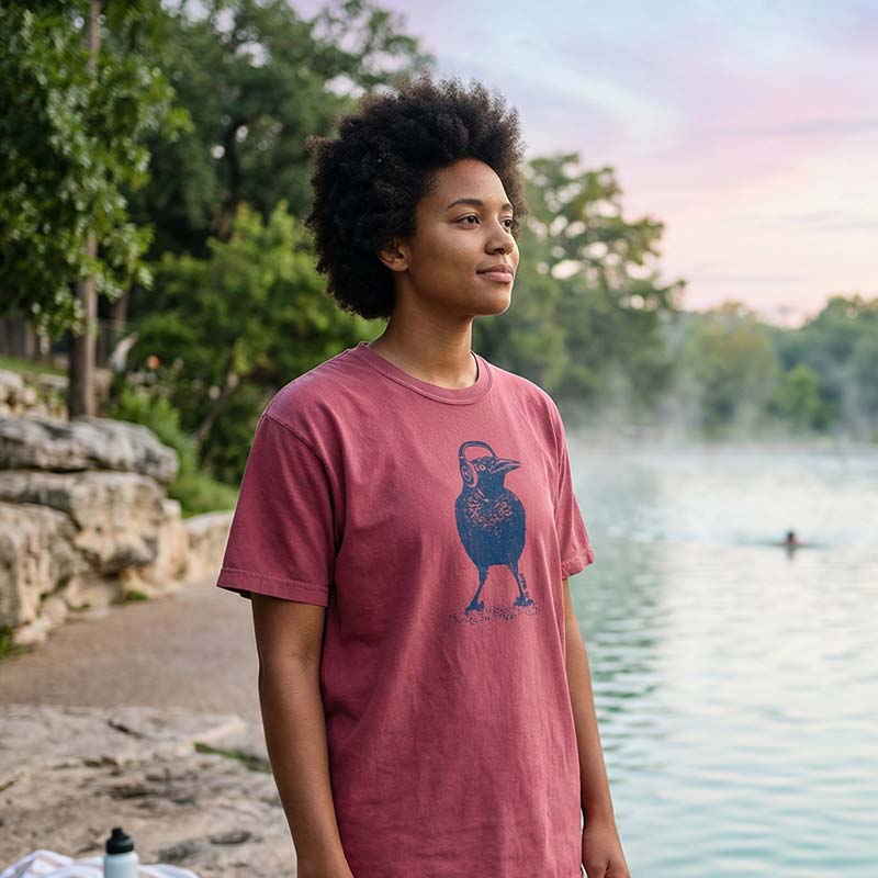 Person wearing a brick Grackle  t-shirt with a blue graphic by Barton Springs, Austin, TX