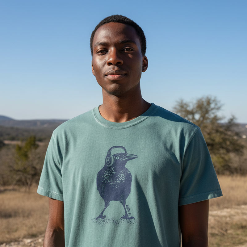 Man wearing a teal t-shirt with a bird graphic in a desert landscape